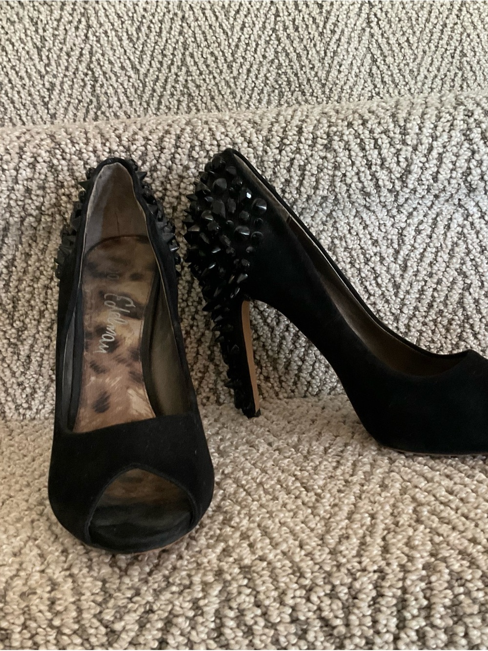 Sam Edelman Black Suede Peep-Toe Pumps with Studded Heel - Picture 5 of 5
